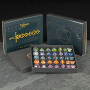 Koi Fish Dice Set Gift Box - Koi Fish themed polyhedral dice set with colorful swirls in black gift box.