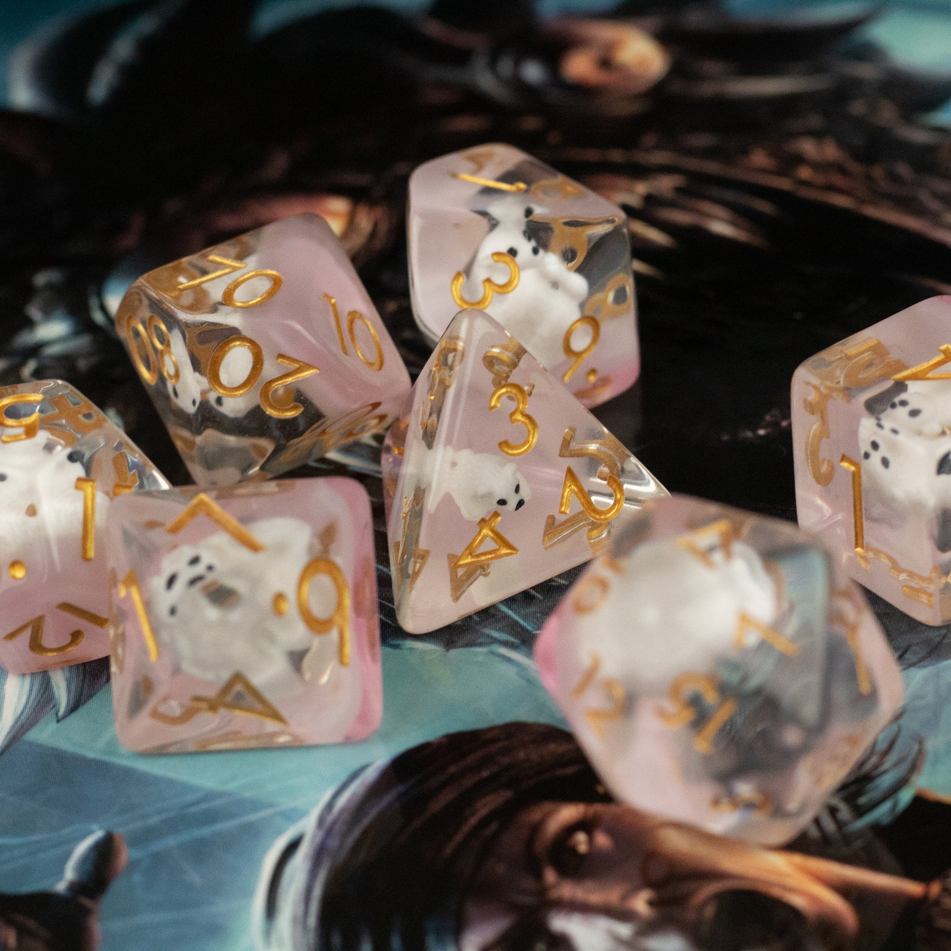 Polar Bear Dice Set - Translucent dice set with embedded white polar bears and gold numbering, including various polyhedral shapes.