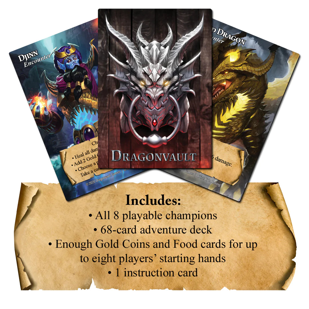 Dragonvault: Original Game - Dragonvault card game box featuring a silver dragon emblem on a dark background, with three colorful character and dragon.
