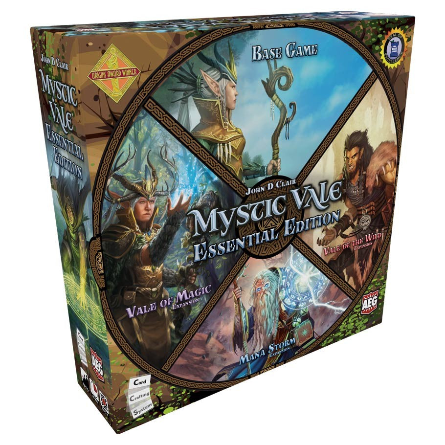 Mystic Vale Essential Edition - Mystic Vale Essential Edition card game box with fantasy artwork featuring a druid staff, forest creatures, and magical.