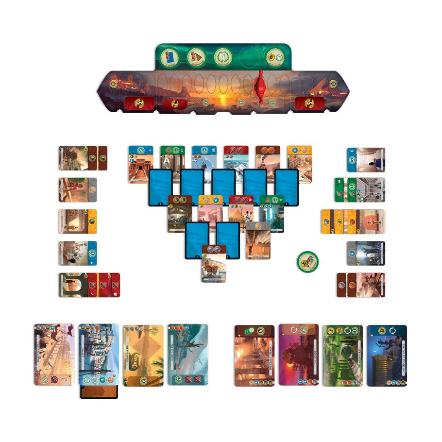7 Wonders: Duel - Duel board game layout with colorful cards and player boards arranged for two players.