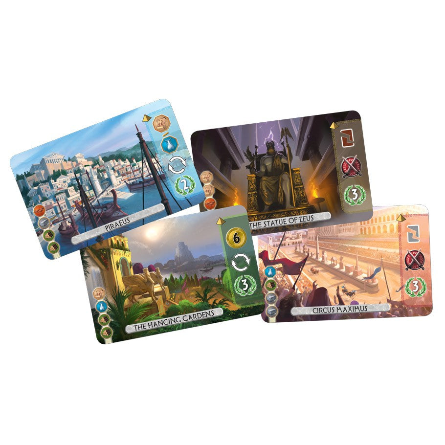 7 Wonders: Duel - Duel, each featuring detailed artwork of ancient cities and architectural wonders with icons and numbers along the edges.