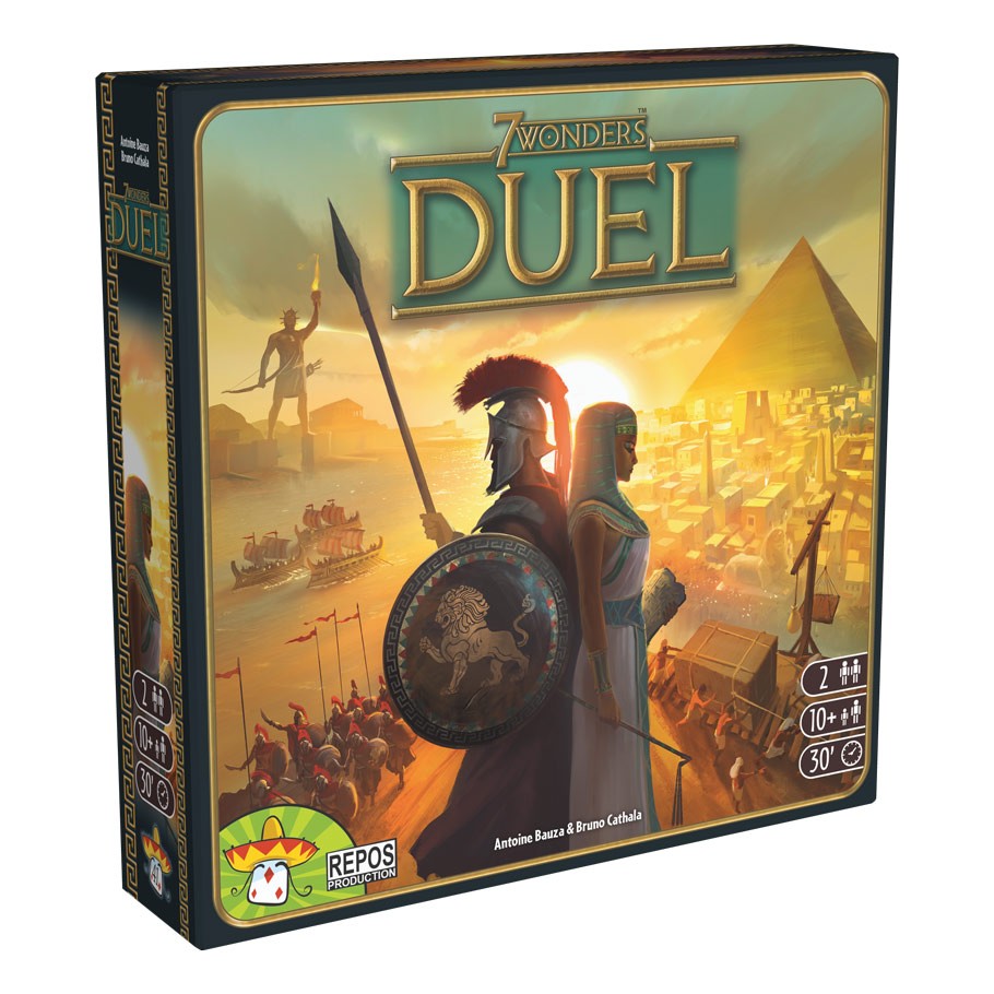 7 Wonders: Duel - 7 Wonders Duel board game box featuring two warriors with helmets and ancient cityscape background at sunset.