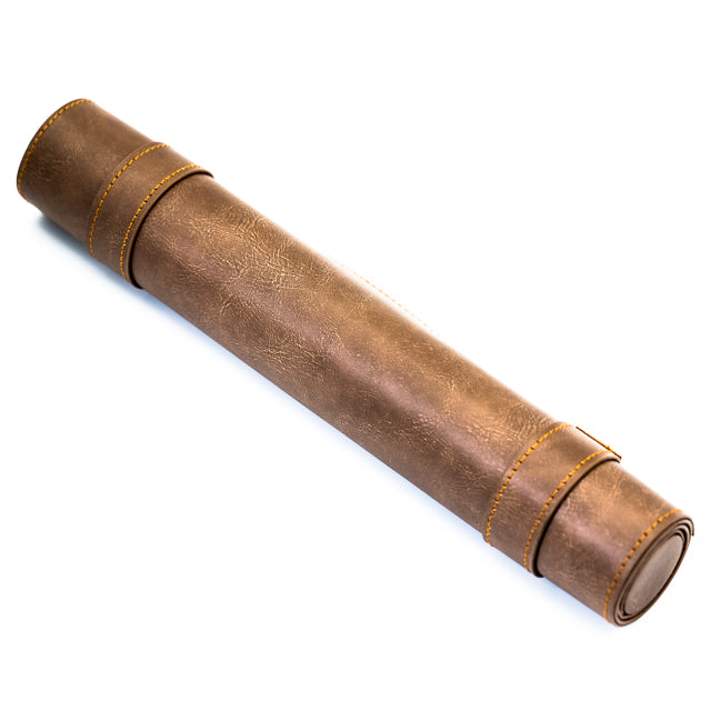 Scroll Dice Mat - Rolled brown leather dice mat with stitched edges and snap closures.