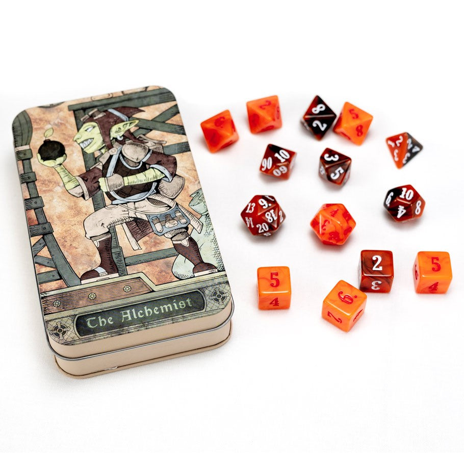 RPG Class Dice Set: Alchemist - Alchemist-themed RPG dice set with orange and red multi-sided dice and decorative metal tin with alchemist artwork.