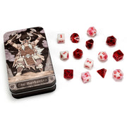 RPG Class Dice Set: Barbarian - Set of red and white RPG dice with mix of solid and translucent finishes beside a tin case featuring Barbarian warrior art.