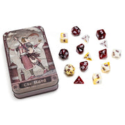 RPG Class Dice Set: Bard - Bard-themed RPG dice set with maroon and cream dice, including d4, d6, d8, d10, d12, d20, with decorative tin featuring bard .