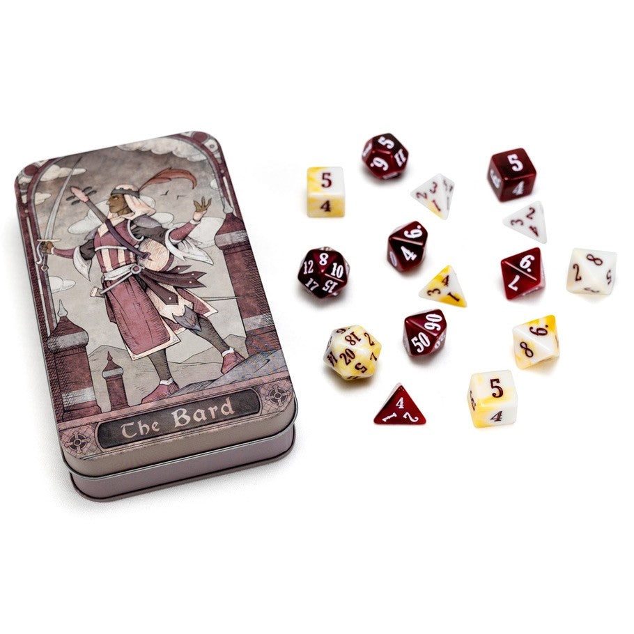 RPG Class Dice Set: Bard - Bard-themed RPG dice set with maroon and cream dice, including d4, d6, d8, d10, d12, d20, with decorative tin featuring bard .