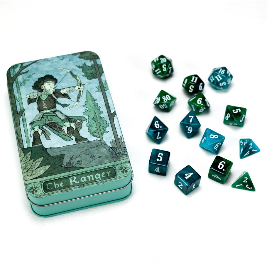 RPG Class Dice Set: Ranger - Green and blue RPG dice set with white numbering beside a Ranger-themed metal storage tin featuring forest artwork.