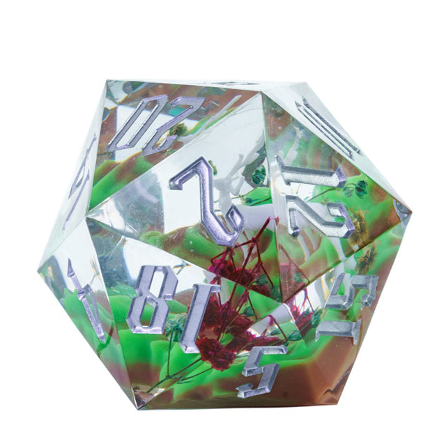 Giant 55mm D20 - Forest Deer - 55mm transparent resin D20 dice with forest deer design and silver numbers.