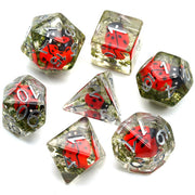 Ladybug Dice Set - Set of seven transparent polyhedral dice with red ladybug designs inside and white numbering.