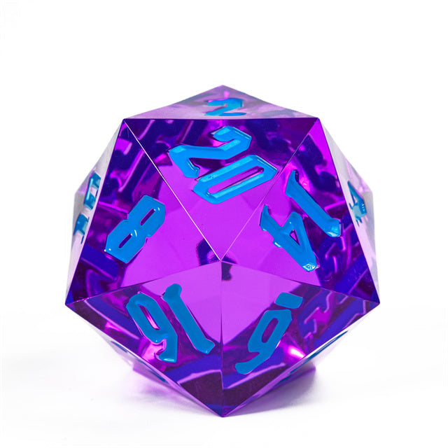 Giant 55mm D20 - Purple With Blue Numbers - Giant purple acrylic 55mm d20 dice with bright blue numbers.