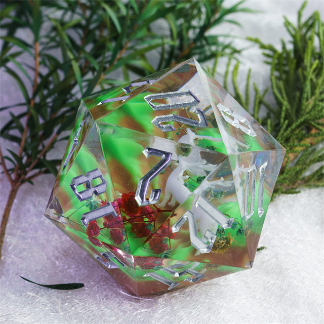 Giant 55mm D20 - Forest Deer - Clear resin giant 55mm D20 dice with forest deer design encased inside and white numbers.