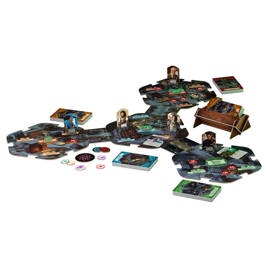 Arkham Horror 3E - Arkham Horror 3E board game with modular hex tiles, character cards, tokens, and rulebook on a white background.