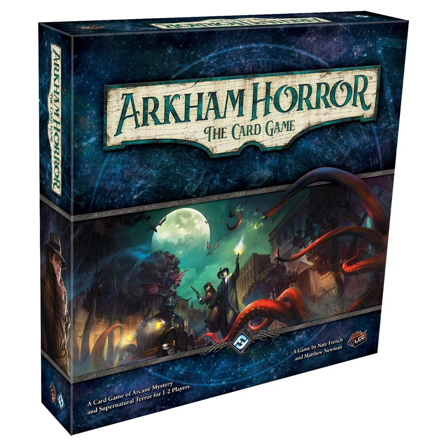 Arkham Horror: The Card Game - Arkham Horror The Card Game box with dark forest scene, investigators, and tentacled monster under moonlight.
