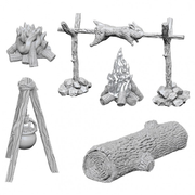 Deep Cuts: Camp Fire & Sitting Log W10 - Unpainted miniature fantasy campfire set with logs, roasting spit with a hanging animal, pot tripod, and a sitting log piece.