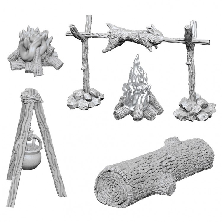 Deep Cuts: Camp Fire & Sitting Log W10 - Unpainted miniature fantasy campfire set with logs, roasting spit with a hanging animal, pot tripod, and a sitting log piece.