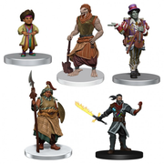 Critical Role Mini: PrePainted RPG: Box Set 5 - Five detailed fantasy miniatures in varied poses, featuring a colorful robed figure, a muscular warrior with a large hammer, .