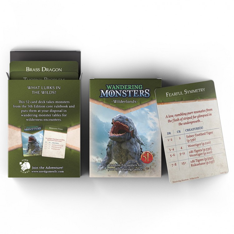 D&D 5E: Wandering Monsters: Wilderlands - D&D 5E Wandering Monsters Wilderlands card pack featuring dragon artwork with sample monster stats visible.
