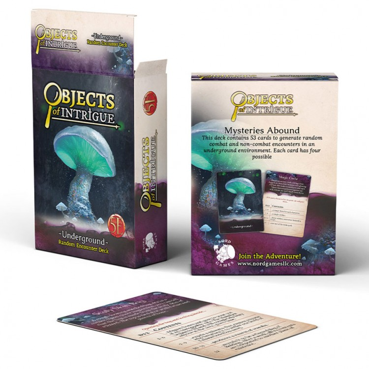 D&D 5E: Objects of Intrigue: Underground - D&D 5E Objects of Intrigue Underground card set with mushroom illustration and rule card laid out.