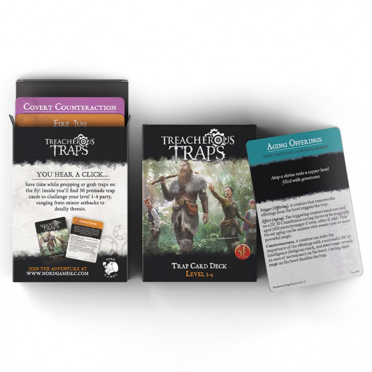 D&D 5E: Treacherous Trap Deck: CR 1-4 - D&D 5E Treacherous Trap Deck box with monster artwork and three cards depicting trap descriptions and rules details.
