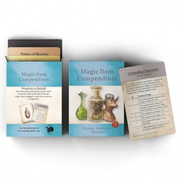D&D 5E: Magic Items: Potions & Powders - D&D 5E Magic Items Potions & Powders card deck with illustrated cards and a rule booklet on white background.