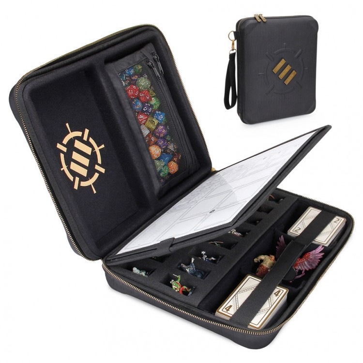 Enhance: RPG Organizer Case - Black zippered RPG organizer case with foam slots, mesh dice pouch, and wrist strap.