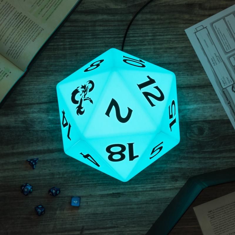 Color Changing D20 Light - Glowing d20 dice-shaped light with black numbers and a bright blue color on a wooden surface.