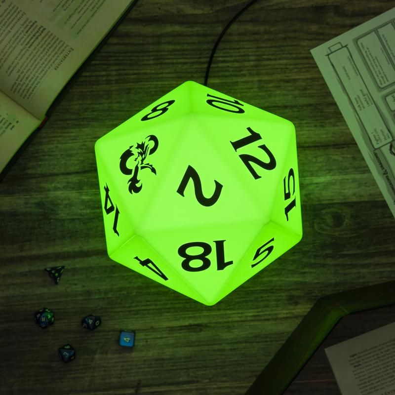 Color Changing D20 Light - Glowing green 20-sided die light with black numbers on a wooden surface.