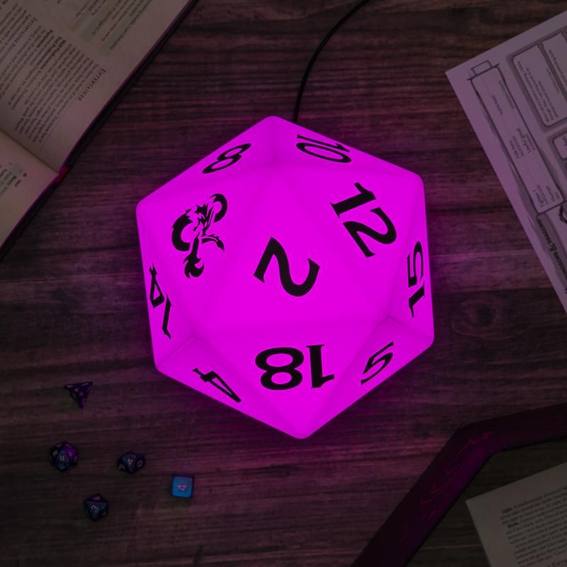 Color Changing D20 Light - Purple glowing 20-sided dice-shaped light with black numbers and fantasy symbols on a wooden surface.