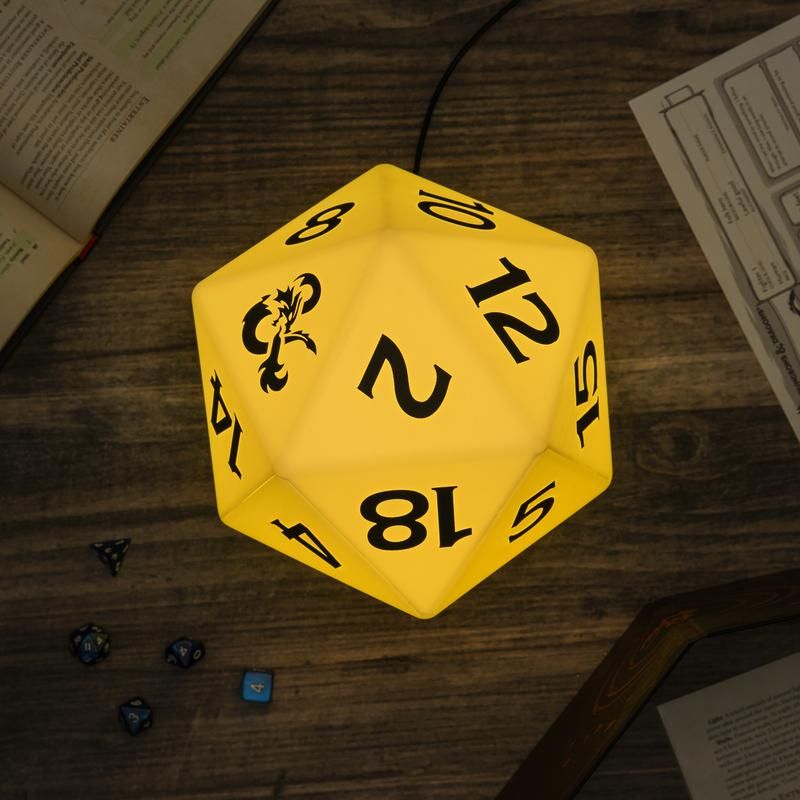 Color Changing D20 Light - Yellow glowing 20-sided polyhedral light with black numbers and a black dragon symbol.