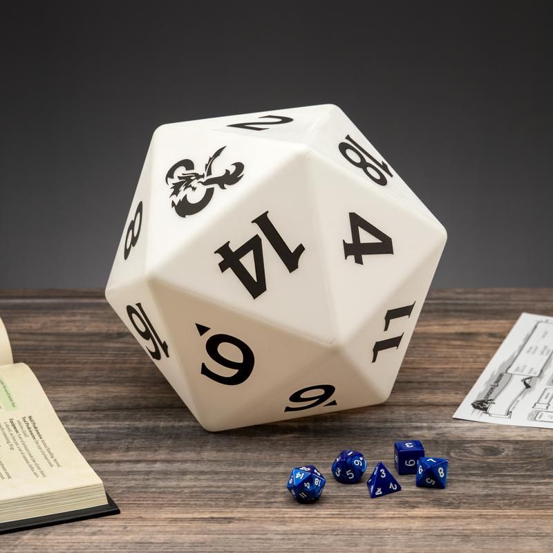 Color Changing D20 Light - Large white 20-sided die lamp with black numbers and a fleur-de-lis design on wooden surface.