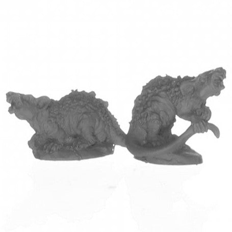 Dark Heaven Legends: Giant Tomb Rats (2) - Two dark gray detailed fantasy miniatures of giant rats with textured fur and menacing expressions.