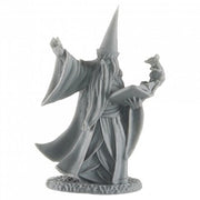 Darius the Blue - Gray fantasy wizard figurine with pointed hat, long beard, flowing robes, holding a book and a small creature.