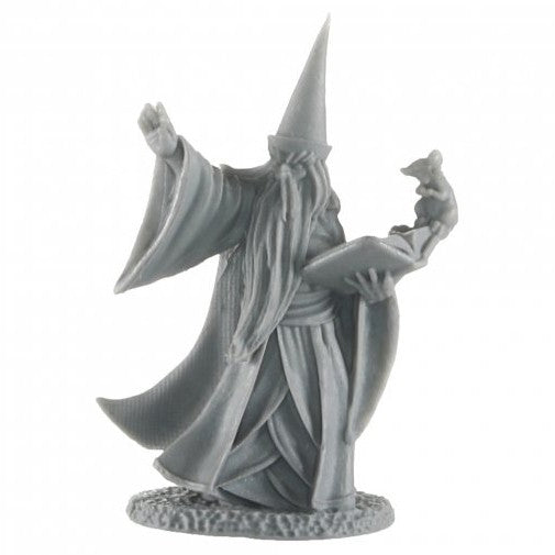 Darius the Blue - Gray fantasy wizard figurine with pointed hat, long beard, flowing robes, holding a book and a small creature.