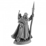 Elanter, the Lost Prince - Gray unpainted fantasy resin miniature of Elanter, robed prince holding tall ornate spear with flowing cape.