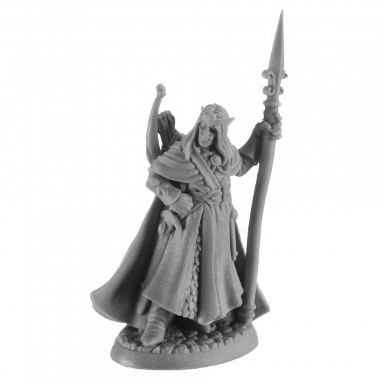 Elanter, the Lost Prince - Gray unpainted fantasy resin miniature of Elanter, robed prince holding tall ornate spear with flowing cape.