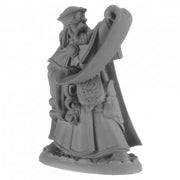 Legends: Damaras Deveril, Human Wizard - Gray resin miniature of a bearded wizard holding a large scroll and wearing a cloak and hat.