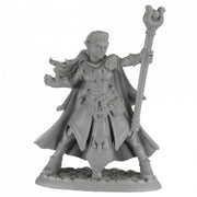 Alaedril Starbloom, Elf Wizard - Unpainted elf wizard figurine with long cloak, intricate armor, and tall staff with ornate top.