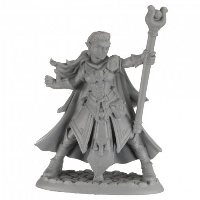 Alaedril Starbloom, Elf Wizard - Unpainted elf wizard figurine with long cloak, intricate armor, and tall staff with ornate top.