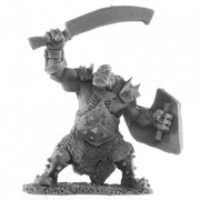 Legends: Orc Marauder - Gray plastic fantasy orc warrior figurine wielding a large curved sword and a spiked shield, wearing armor with chainmail.