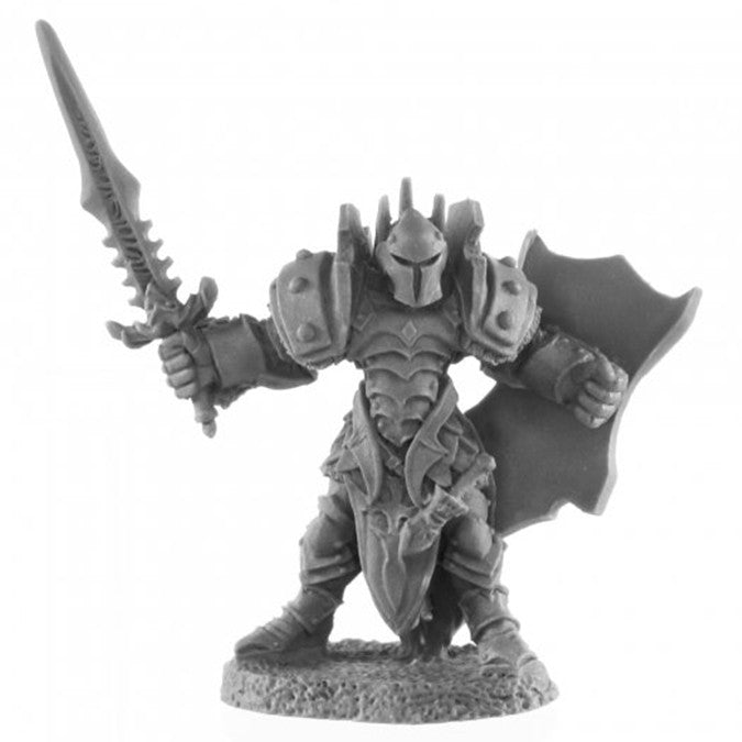 Mangu Timur, Evil Warlord - Gray resin miniature of armored warrior holding jagged sword and large shield with horned helmet.