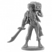 Legends: Pirate with Treasure Chest - Gray plastic pirate figurine holding a curved sword in one hand and a treasure chest on his shoulder.