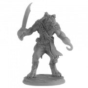 Legends: Hakkle Blackhook, Gnoll Pirate - Gray unpainted gnoll pirate miniature with curved sword and hook hand, tattered clothing.