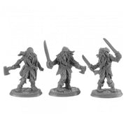Zombie Pirates (3) - Three gray unpainted zombie pirate miniatures wielding swords and an axe, dressed in tattered clothing and bandanas.