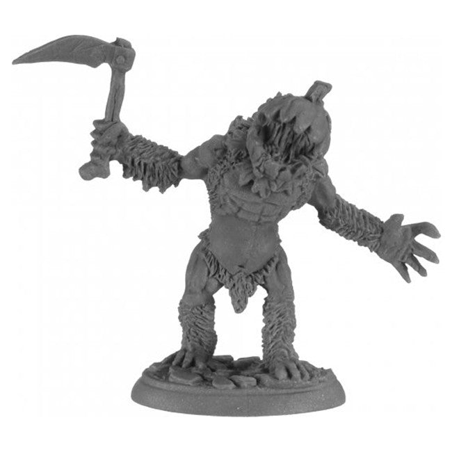 Legends: Punkin' Headed Bugbear - Gray miniature figurine of a muscular creature with pumpkin head, wielding a curved blade and clawed hand on round base.
