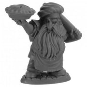 Legends: Tub, Dwarf Baker - Gray unpainted dwarf figurine holding a pie in one hand and a rolling pin in the other, wearing a baker’s hat and apron.