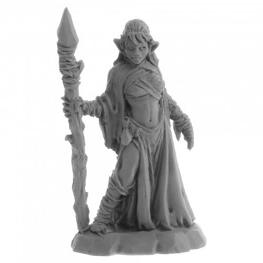 Legends: Tianalise, Bog Witch - Gray resin fantasy figurine of a cloaked witch holding a twisted staff with detailed robes and boots.