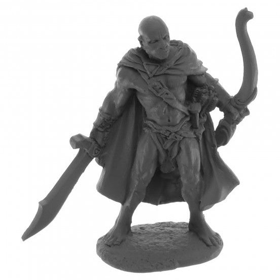 Legends: Ogana, Savannah Ranger - Detailed gray-scale miniature of a bald fantasy ranger holding a curved sword and wearing a flowing cape and armor.
