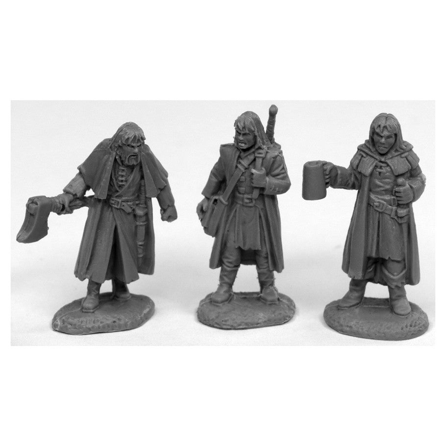 Dreadmere Mercencaries (3) - Three unpainted fantasy mercenary miniatures in cloaks, featuring a sword, axe, and holding a mug.